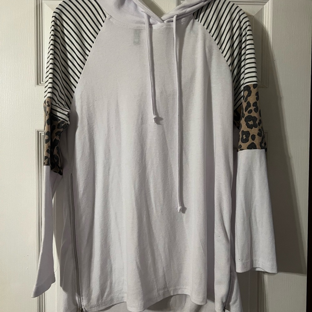Printers White Hoodie with Striped and Leopard Sleeves